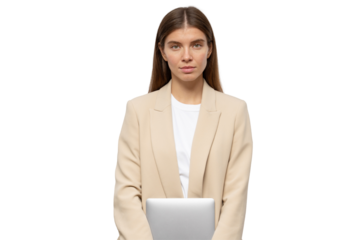 Portrait of serious student girl with closed laptop in hands