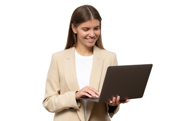 Portrait of female student in jacket studying online holding laptop