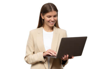 Portrait of female student in jacket studying online holding laptop