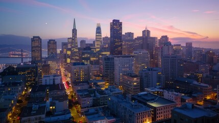 Obraz premium A bustling city skyline illuminated by the warm, fading light of dusk, with buildings and skyscrapers casting long shadows and streetlights beginning to glow