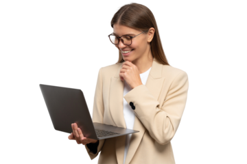 Portrait of woman ceo having video conference with partners on laptop