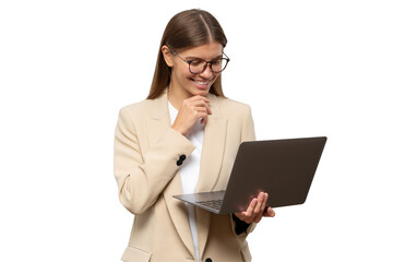 Portrait of woman teacher having lesson online on laptop touching chin