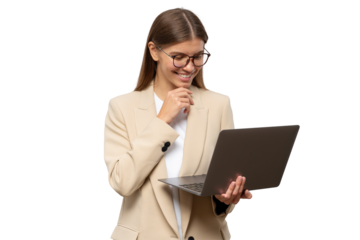 Portrait of woman teacher having lesson online on laptop touching chin