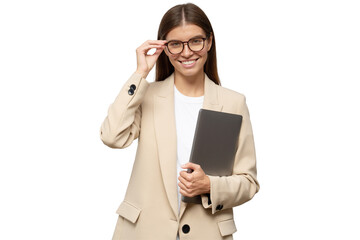 Portrait of woman career consultant holding closed laptop in hands