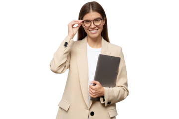 Portrait of woman career consultant holding closed laptop in hands
