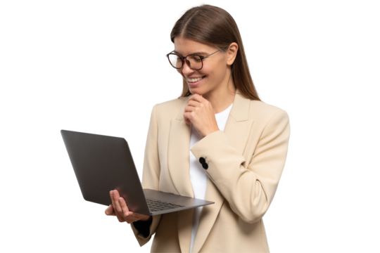 Portrait of woman ceo having video conference with partners on laptop