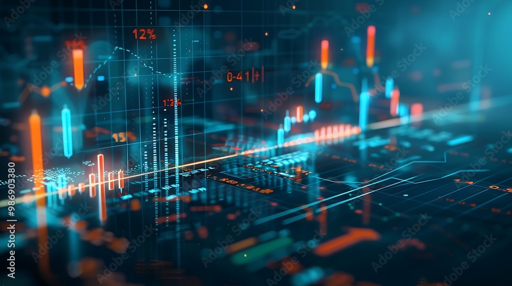 Poster abstract digital data visualization with glowing lines, graphs, and charts representing technology, 