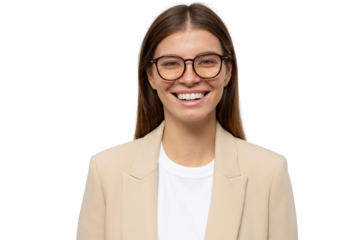 Portrait of cheerful student girl in glasses laughing
