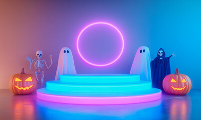 Halloween characters around a neon circle with glowing light and soft color contrasts