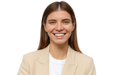 Headshot portrait of smiling positive successful teacher looking at camera. Pretty student girl in...