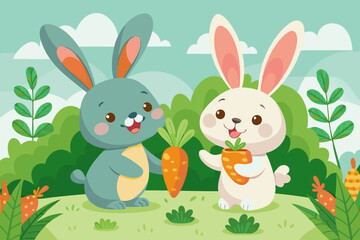 Two rabbits sharing carrots colorful vector illustration