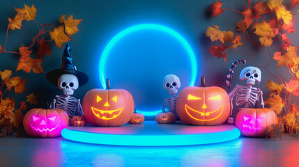 Fototapeta premium Halloween characters around a neon circle with glowing light and soft color contrasts