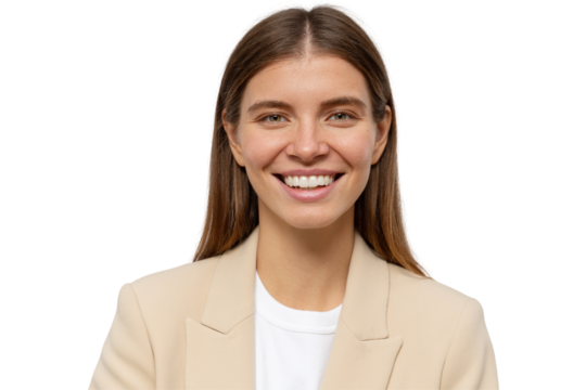 Headshot portrait of smiling positive successful teacher looking at camera. Pretty student girl in jacket happy with passing exam and studying results