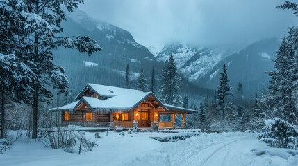 A cozy mountain cabin with a mix of rain and snow falling, creating a picturesque winter scene.