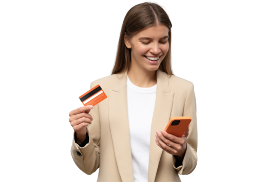 Happy office manager shopping online, browsing web stores, buying annual mobile app membership spending her salary holding orange credit card in hand