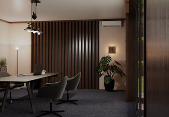 3d render elegant luxury wooden interior office meeting room 