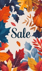 Autumn leaves frame,  minimalistic seasonal illustration with Sale text. Template for promotional poster or banner