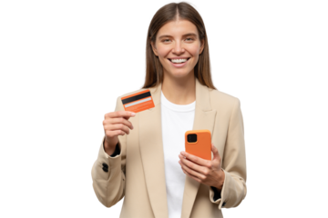 Portrait of cheerful woman in jacket showing credit card smiling at camera holding smartphone, happy with getting cashback for online purchase