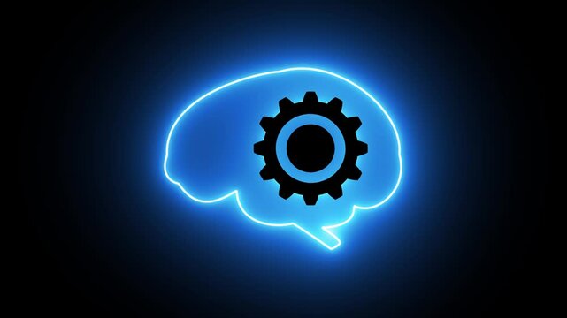 Illustration of a human brain with neon effects, inside which are rotating gear.