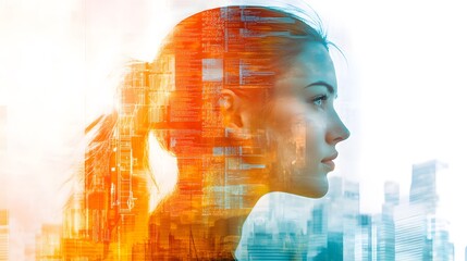 Double exposure image of a woman with a cityscape and data overlay, illustrating the blend of urban life with digital information.