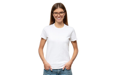 Young woman in casual white t-shirt standing with hands in pockets, template or mockup for logo
