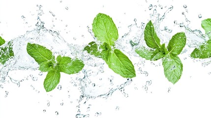Fresh green mint leaves splashing with water, cut out isolated on a white background, simple style ideal for fresh and natural product imagery.