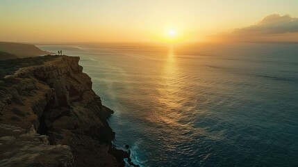 Fototapeta premium A dramatic cliffside overlooking the ocean, with a couple enjoying the view and the sun setting in the distance, casting a beautiful glow.