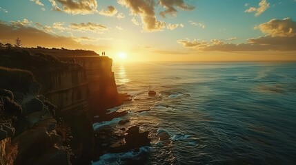 A dramatic cliffside overlooking the ocean, with a couple enjoying the view and the sun setting in the distance, casting a beautiful glow.