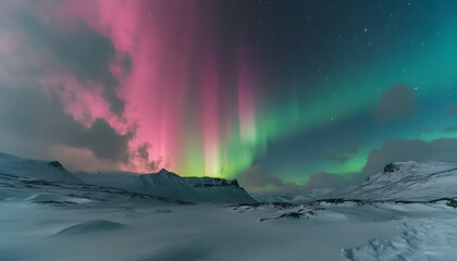 Fototapeta premium The Northern Lights illuminating the night sky with shades of green, pink, and purple over a snow-covered landscape