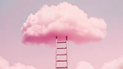 A surreal scene featuring a ladder leading to a pink cloud, surrounded by a dreamy, pastel sky.