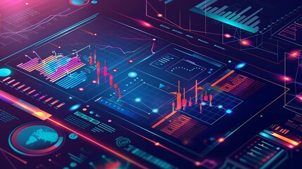 Futuristic digital data visualization with colorful charts, graphs, and a world map.