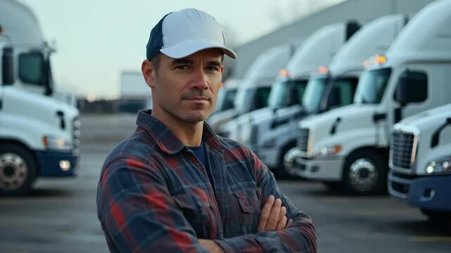 A confident truck driver stands in front of parked semi-trucks, showcasing a professional attitude in a logistics yard.