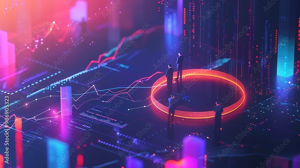 Poster group of businessmen standing in front of a glowing circular platform with data charts and graphs in
