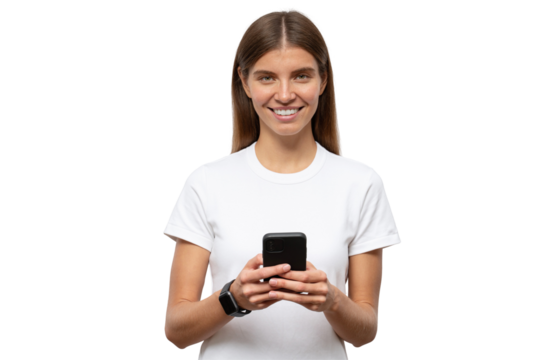 Student girl in white mockup t-shirt using smart watch synchronized with smartphone in her hands