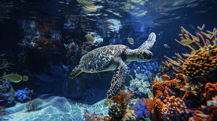 Obraz premium A graceful sea turtle gliding through the ocean, surrounded by vibrant coral and other marine life.