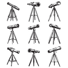 Telescope icon hand drawn vector design illustration, Telescope black silhouette illustration isolated on a white background