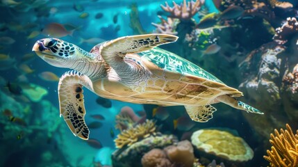 Obraz premium A graceful sea turtle gliding through the ocean, surrounded by vibrant coral and other marine life.