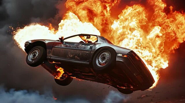A car is caught in a dramatic explosion, soaring through the air amidst flames and thick smoke, creating a chaotic and intense scene.