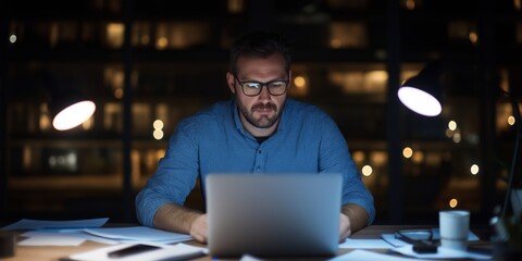 A man focuses intently on his laptop during nighttime hours, surrounded by paperwork and elegant lighting.