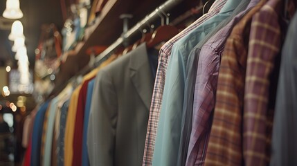 Fototapeta premium Dry cleaning service display with a variety of clothing items hanging on racks.