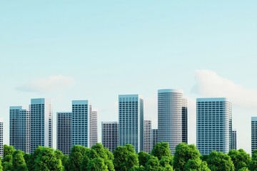 Fototapeta premium A modern city skyline featuring tall buildings and greenery at the base under a clear blue sky, Eco and sustainable concept.