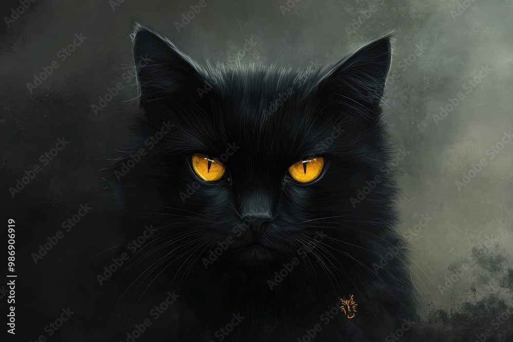 Canvas Prints Close-up Portrait of a Black Cat with Bright Yellow Eyes