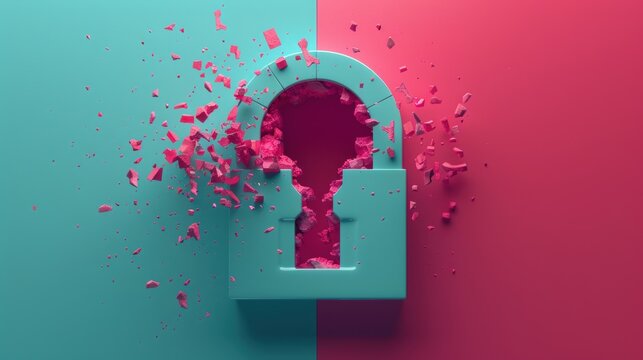 A conceptual illustration of a digital lock being cracked by shadowy hands, representing the vulnerability of data to hacking and cyber attacks.