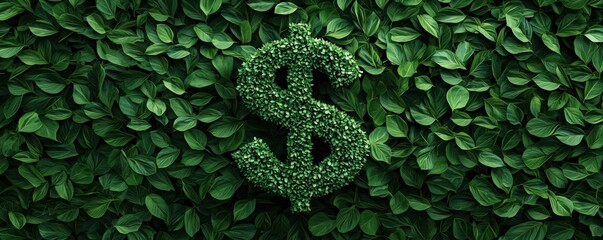 A green foliage background features a dollar sign, symbolizing the connection between nature and finance, Eco and sustainable concept.