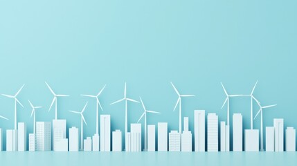 A modern city skyline with wind turbines, showcasing sustainable energy and environmental consciousness against a soft blue background, Eco and sustainable concept.