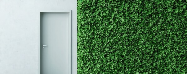 A modern door stands beside a vibrant green wall, blending natural elements with contemporary design, Eco and sustainable concept.