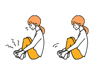 Clip art set of a woman smiling and having trouble with her legs.