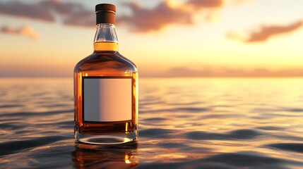 Whiskey Bottle with Blank Label on Ocean at Sunset