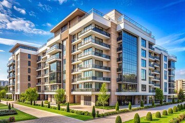 A large apartment building with a lot of windows and a green courtyard