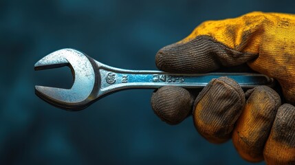 Naklejka premium Close-Up of Worker’s Hand in Gloves Holding an Open Wrench on Gray Background – Professional Photography with Clean Sharp Focus, Soft Shadows, and Copy Space